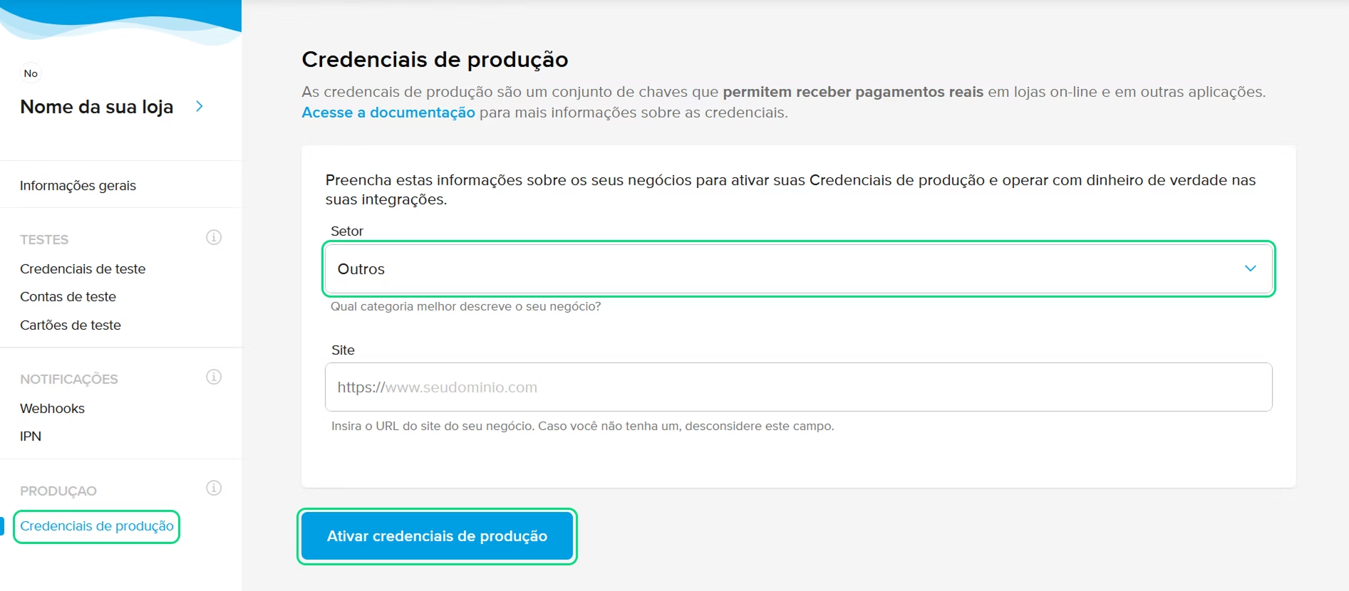 Formulário de credenciais do Mercado Pago