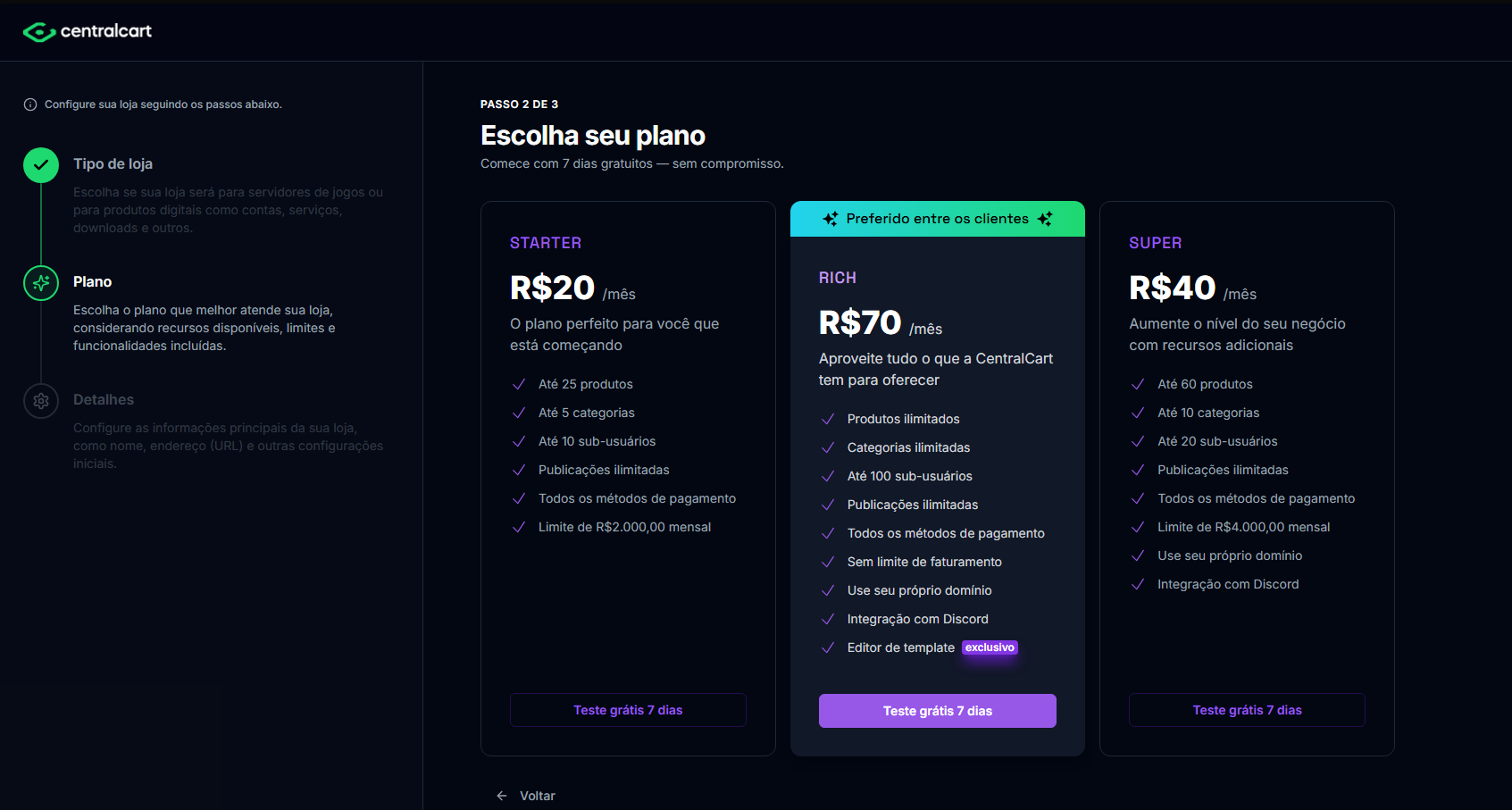 Escolhendo o plano