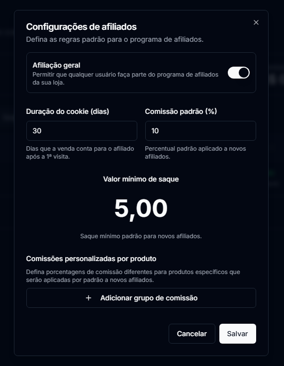 Configurações de afiliados