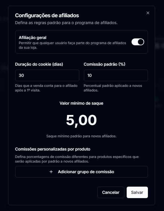 Configurações de afiliados