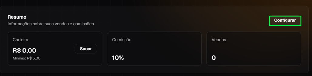 Botão configurar da área do afiliado