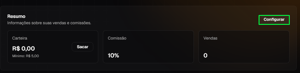 Botão configurar da área do afiliado