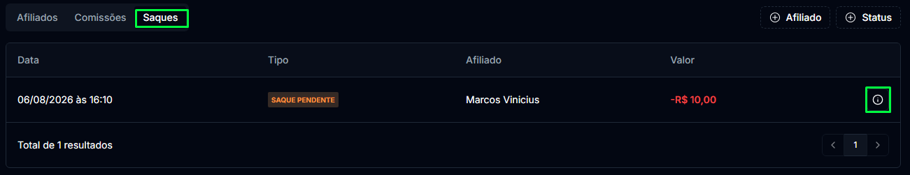 Abrindo os detalhes do saque