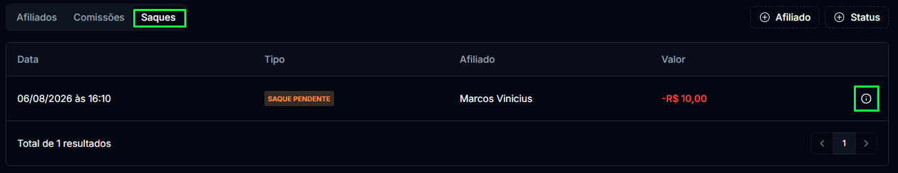 Abrindo os detalhes do saque