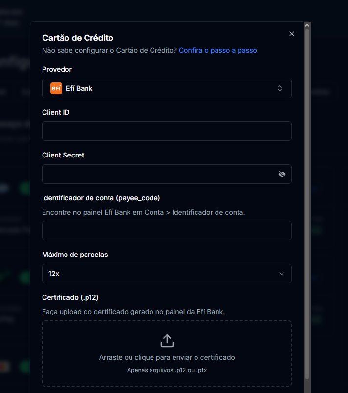 Vinculando cartão na CentralCart