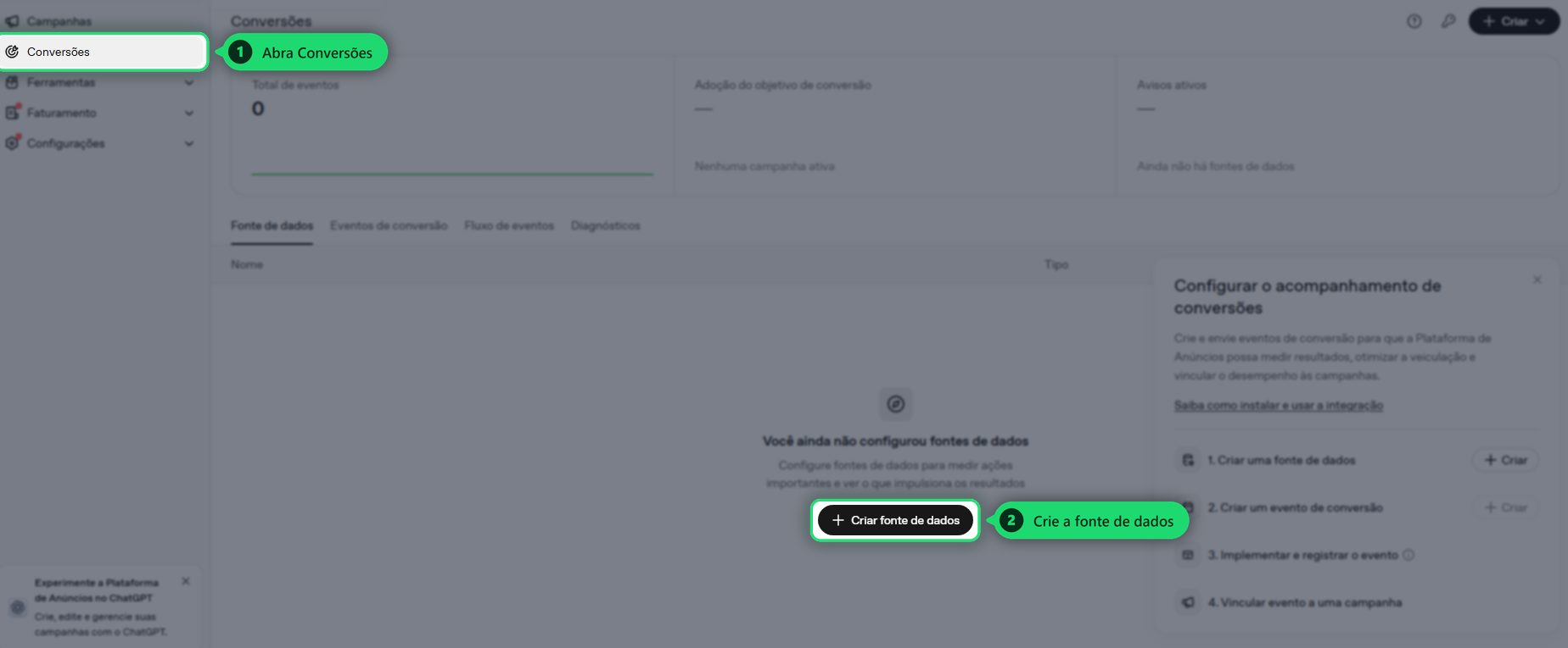 Abrir Conversões e criar a fonte de dados