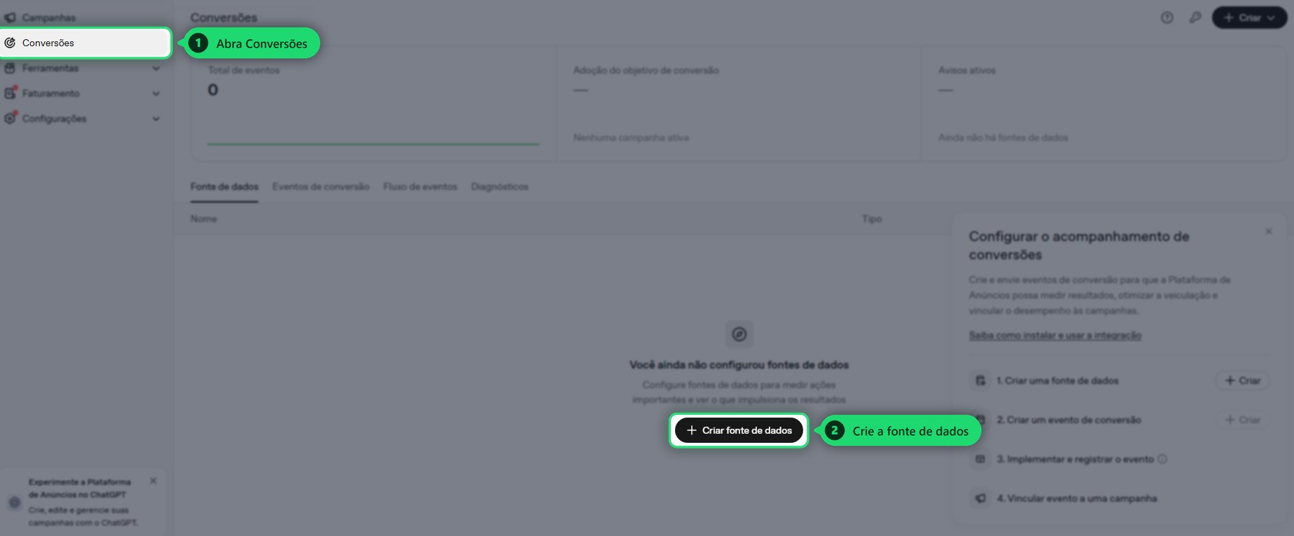 Abrir Conversões e criar a fonte de dados