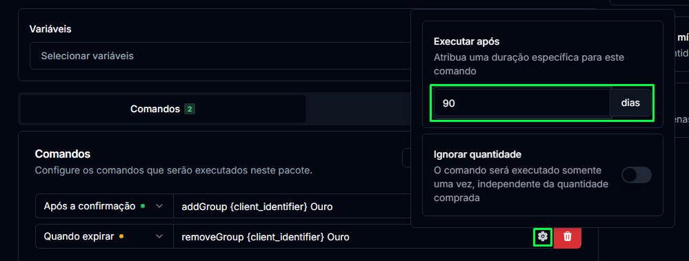 Definindo a duração de um comando específico