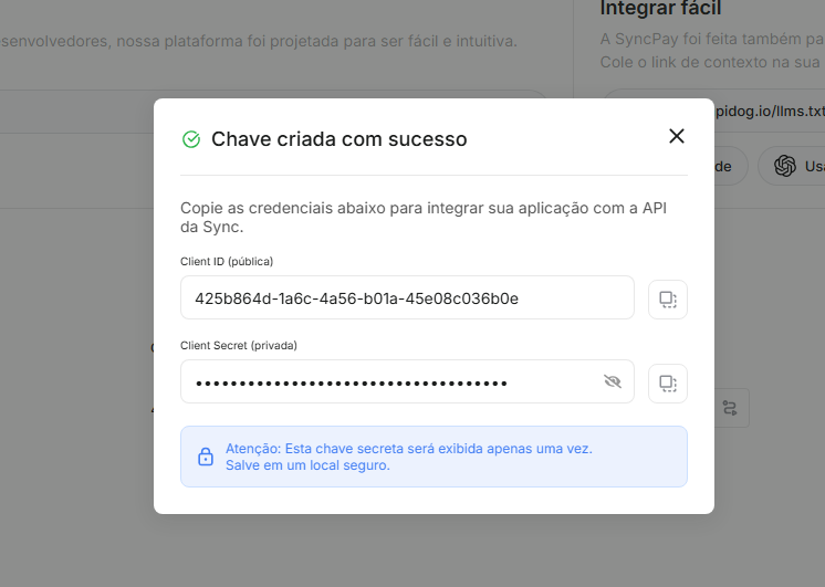 Credenciais geradas na SyncPay