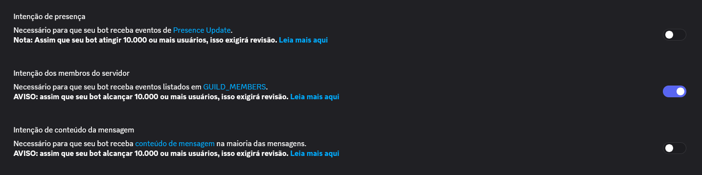 Intents na aba Bot do Discord