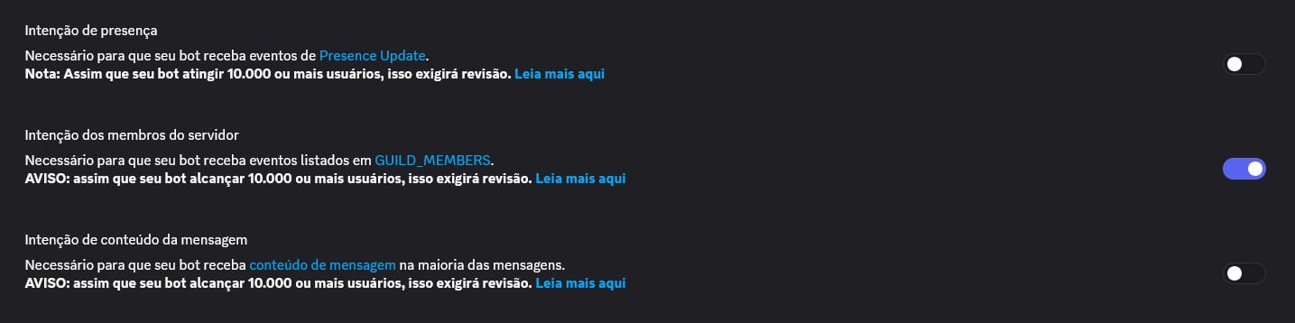 Intents na aba Bot do Discord