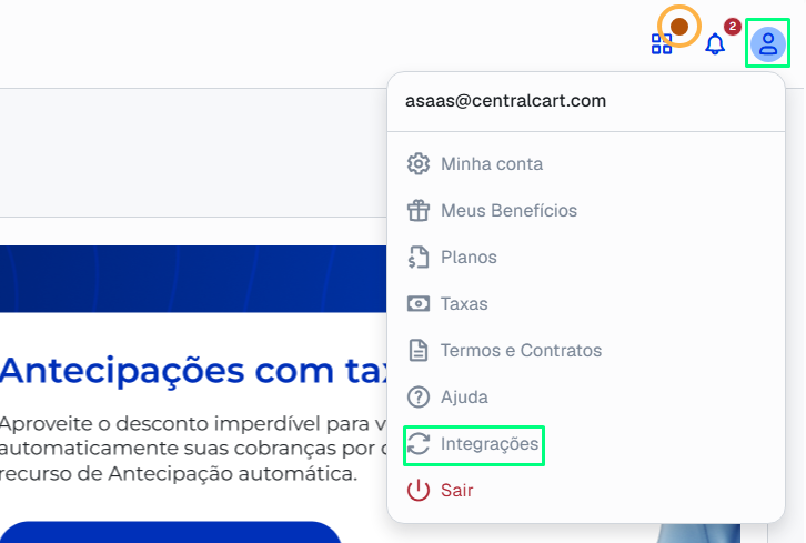 Acessando Integrações no Asaas