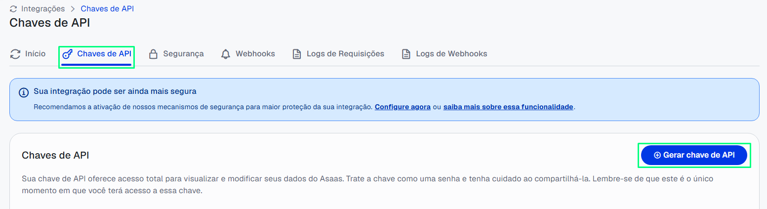 Gerando a chave de API no Asaas