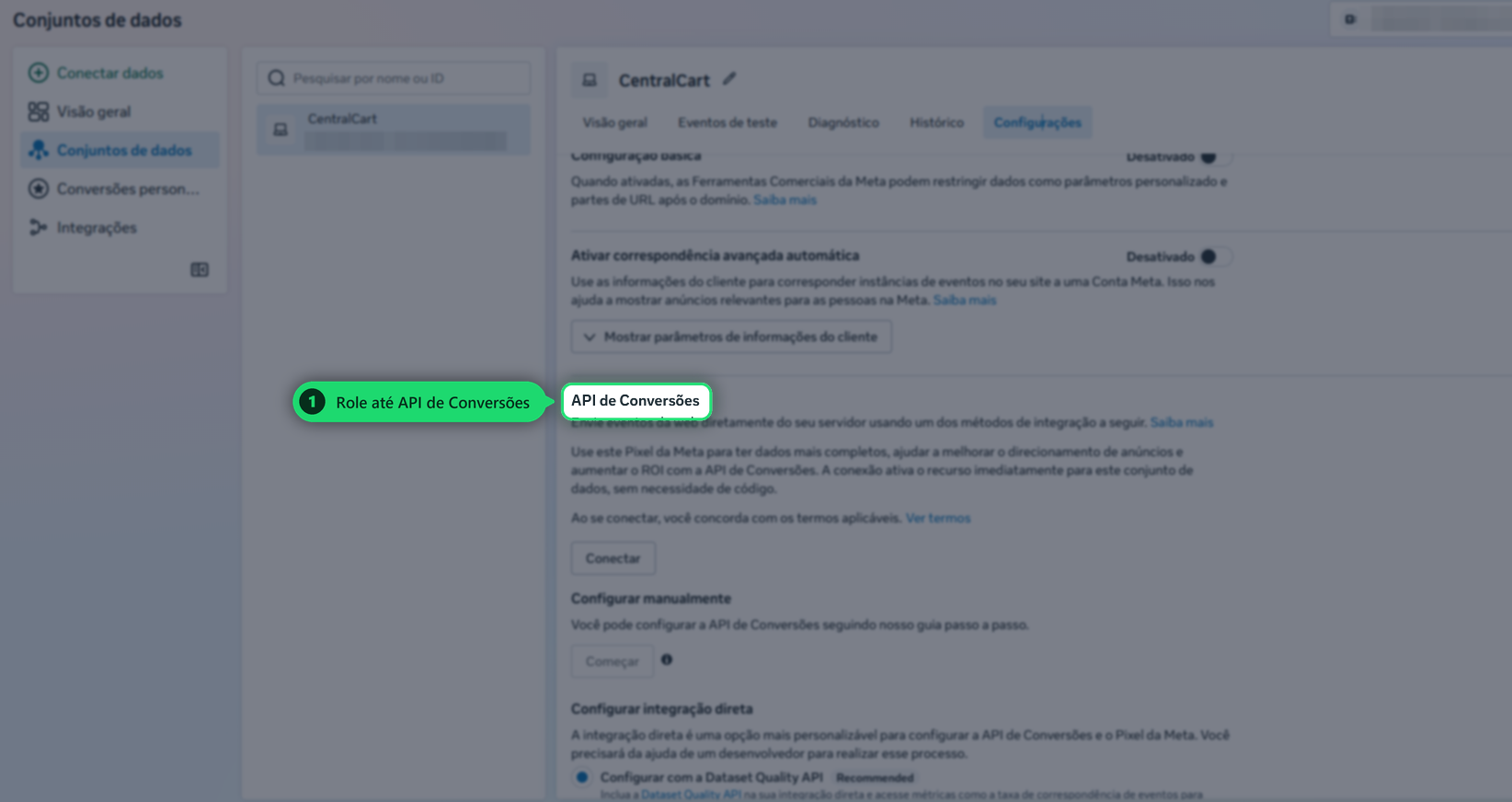 Encontrar a seção API de Conversões