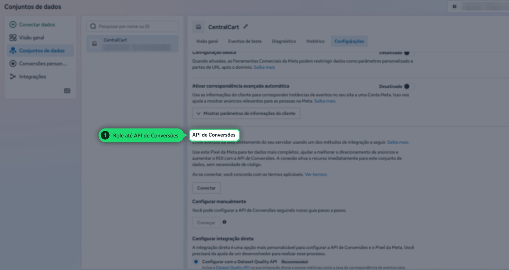 Encontrar a seção API de Conversões