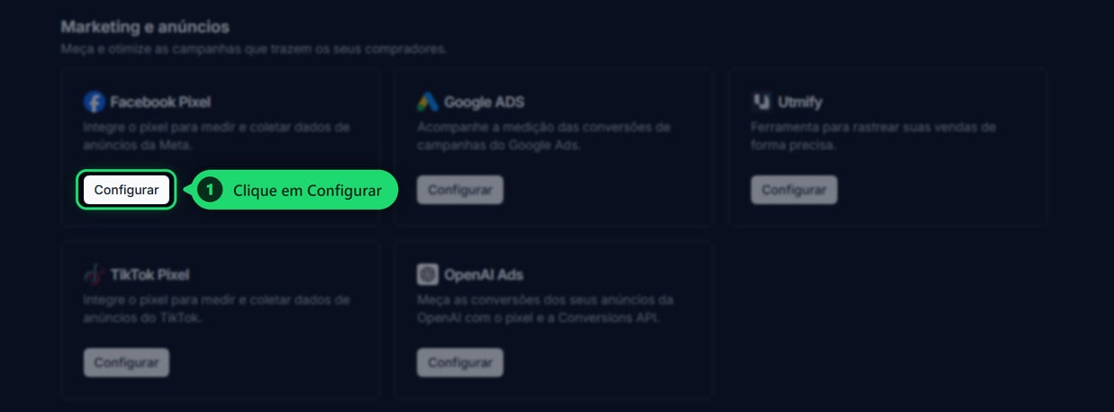 Abrir a integração Facebook Pixel