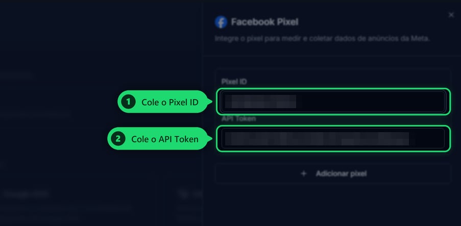 Colar o Pixel ID e o API Token