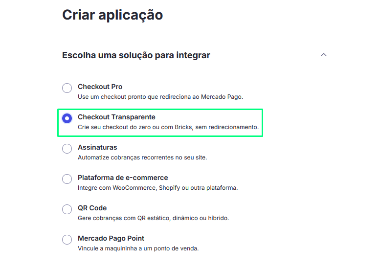 Formulário de aplicação do Mercado Pago