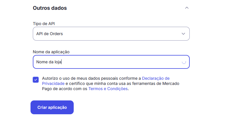 Formulário de aplicação do Mercado Pago