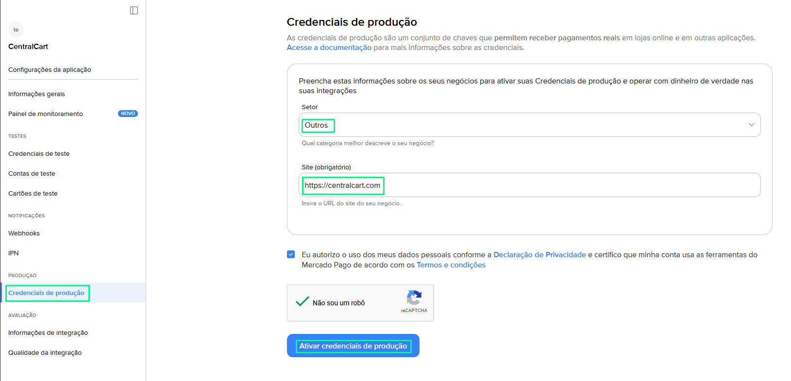 Formulário de credenciais do Mercado Pago