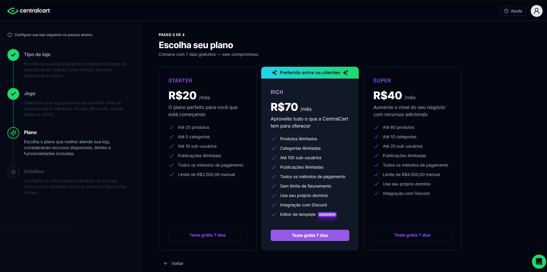 Escolhendo o plano