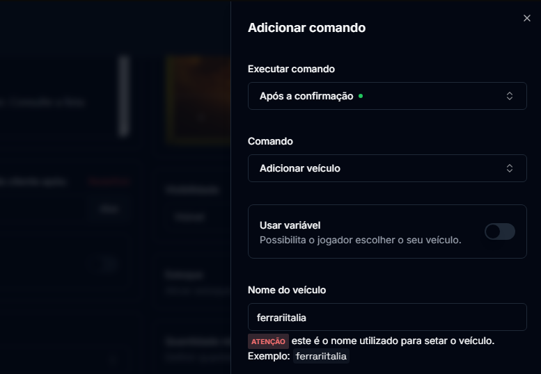 Comando para adicionar o veículo