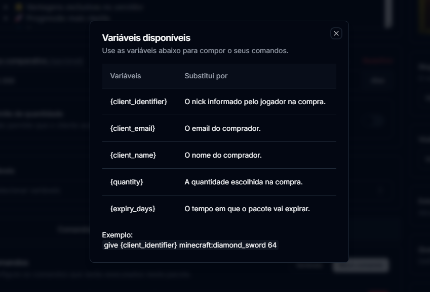 Variáveis disponíveis