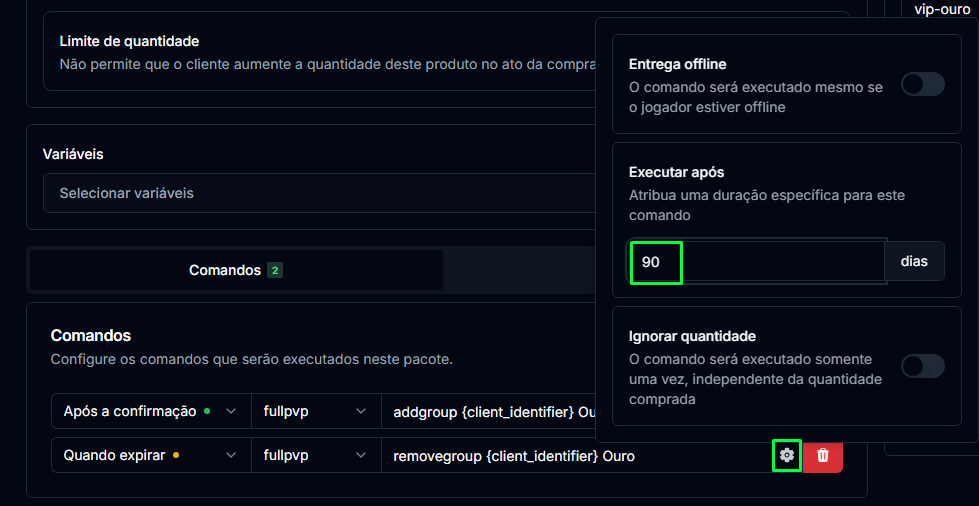 Definindo a duração de um comando específico