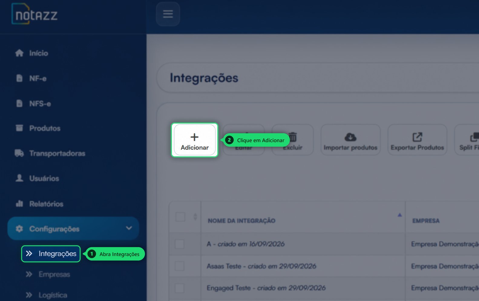 Abrir Integrações e clicar em Adicionar