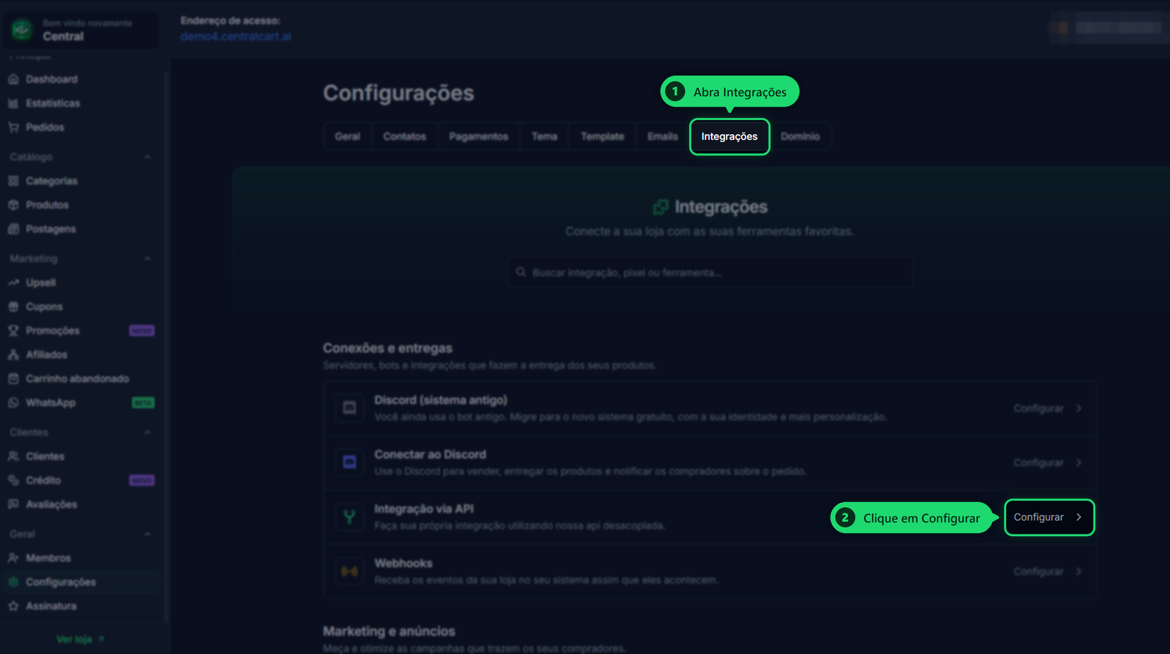 Abrir a Integração via API