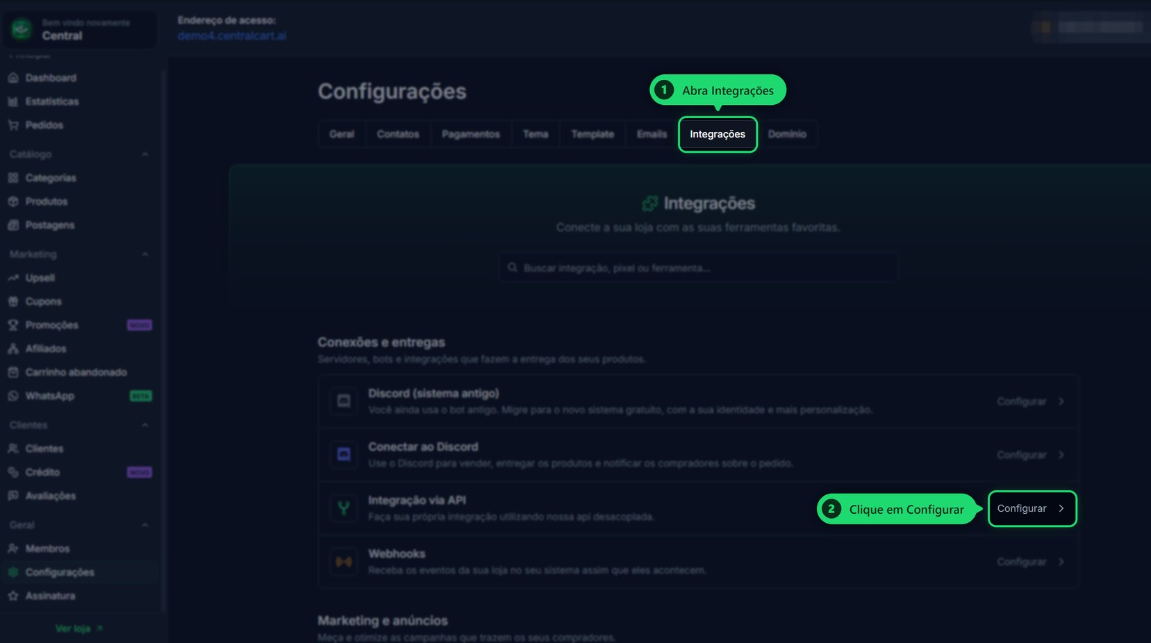 Abrir a Integração via API