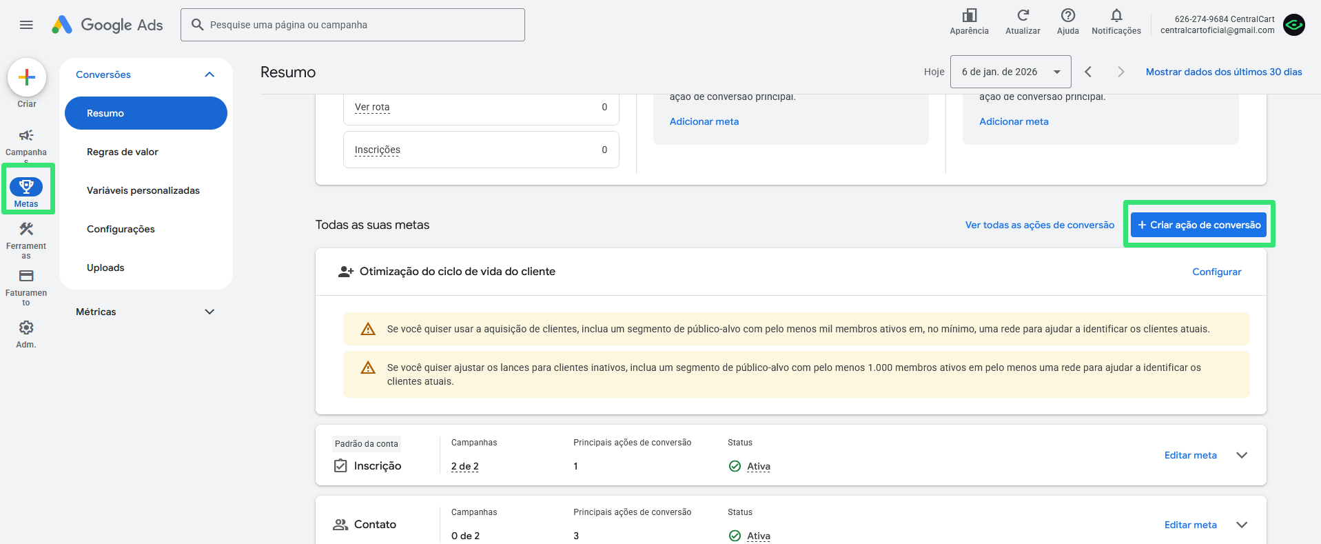 Criar ação de conversão