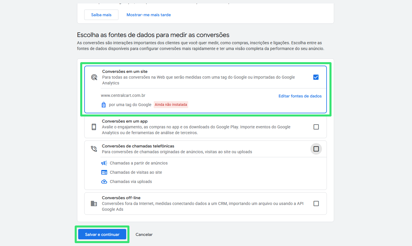 Selecionar tipo de conversão