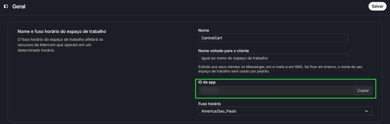 Copiando o ID do app no Intercom