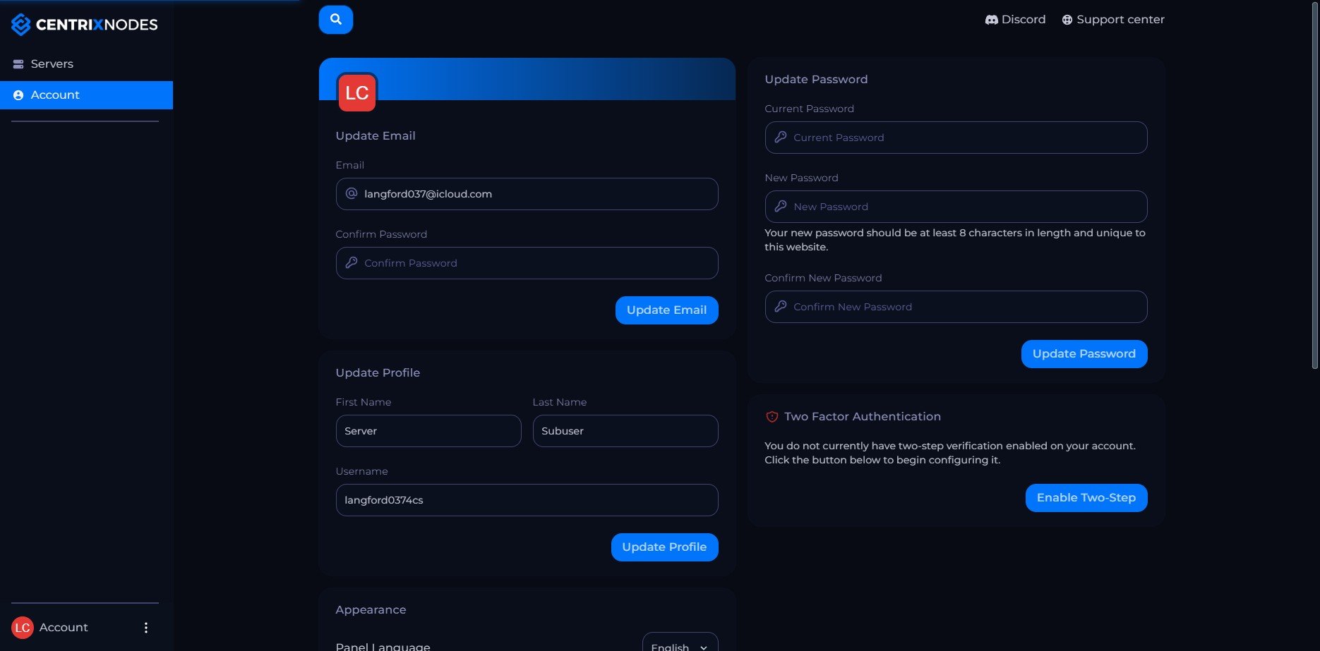 Game Panel Account Section