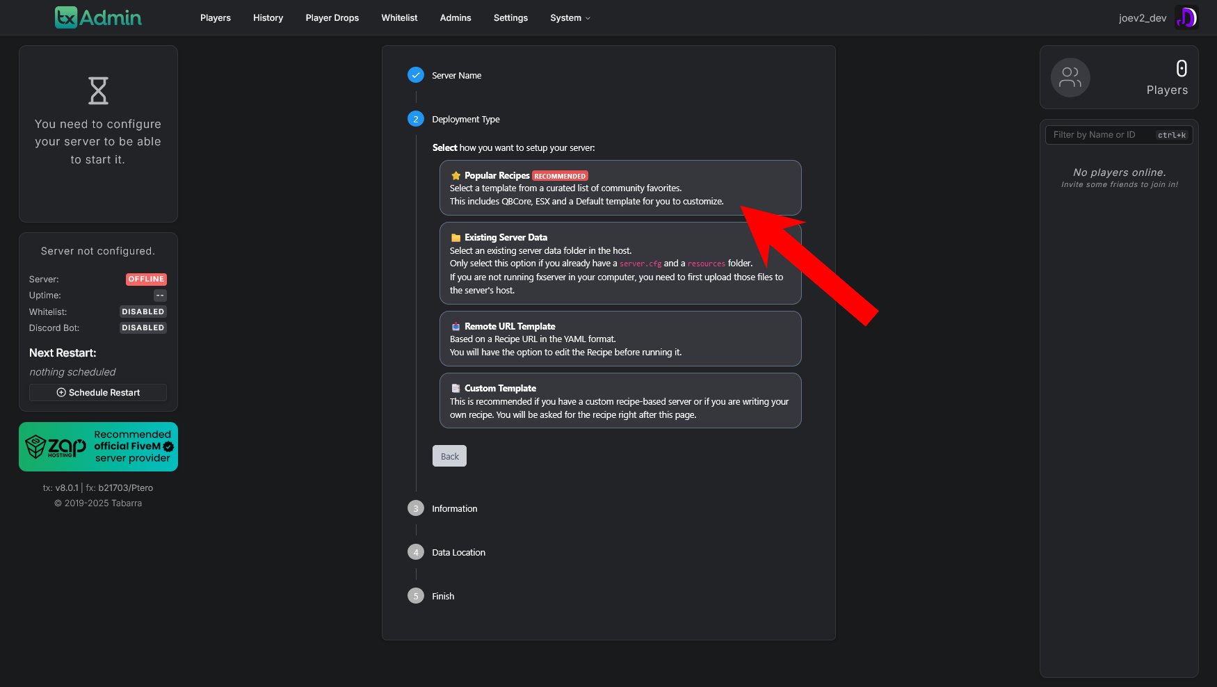txAdmin Deployment Type Selection