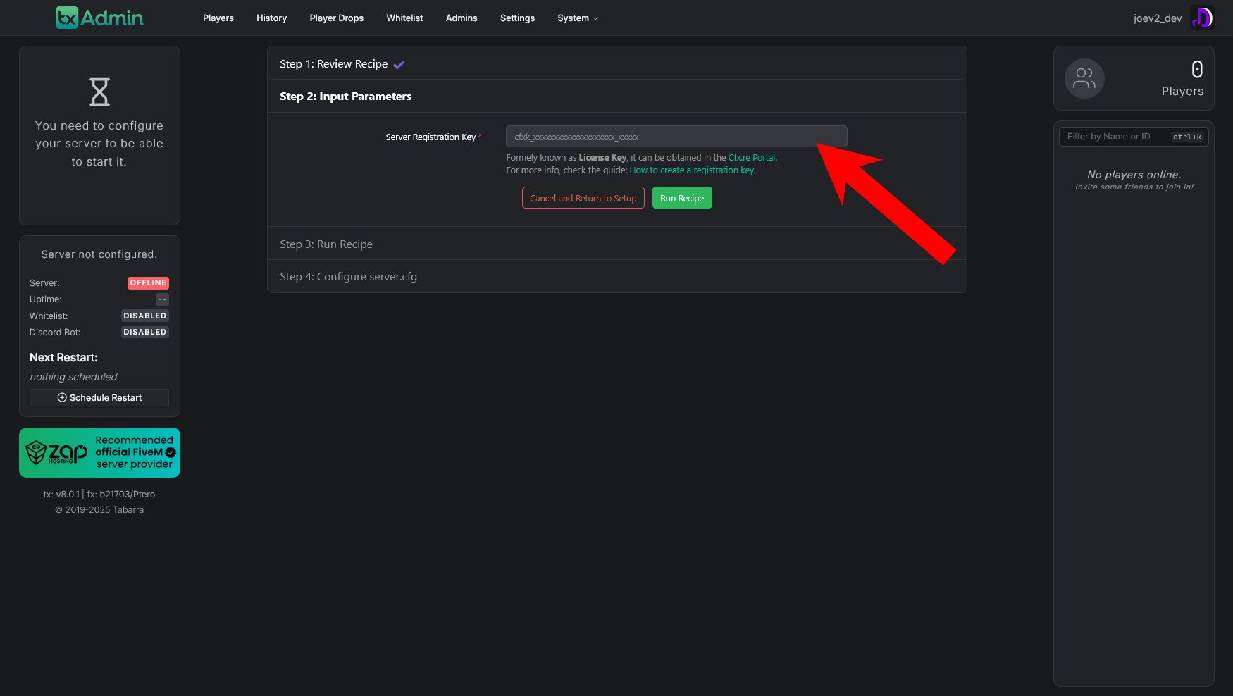 Server Registration Key Input