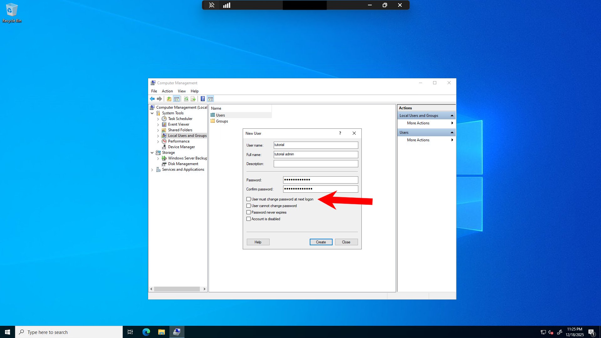 Uncheck User must change password at next logon