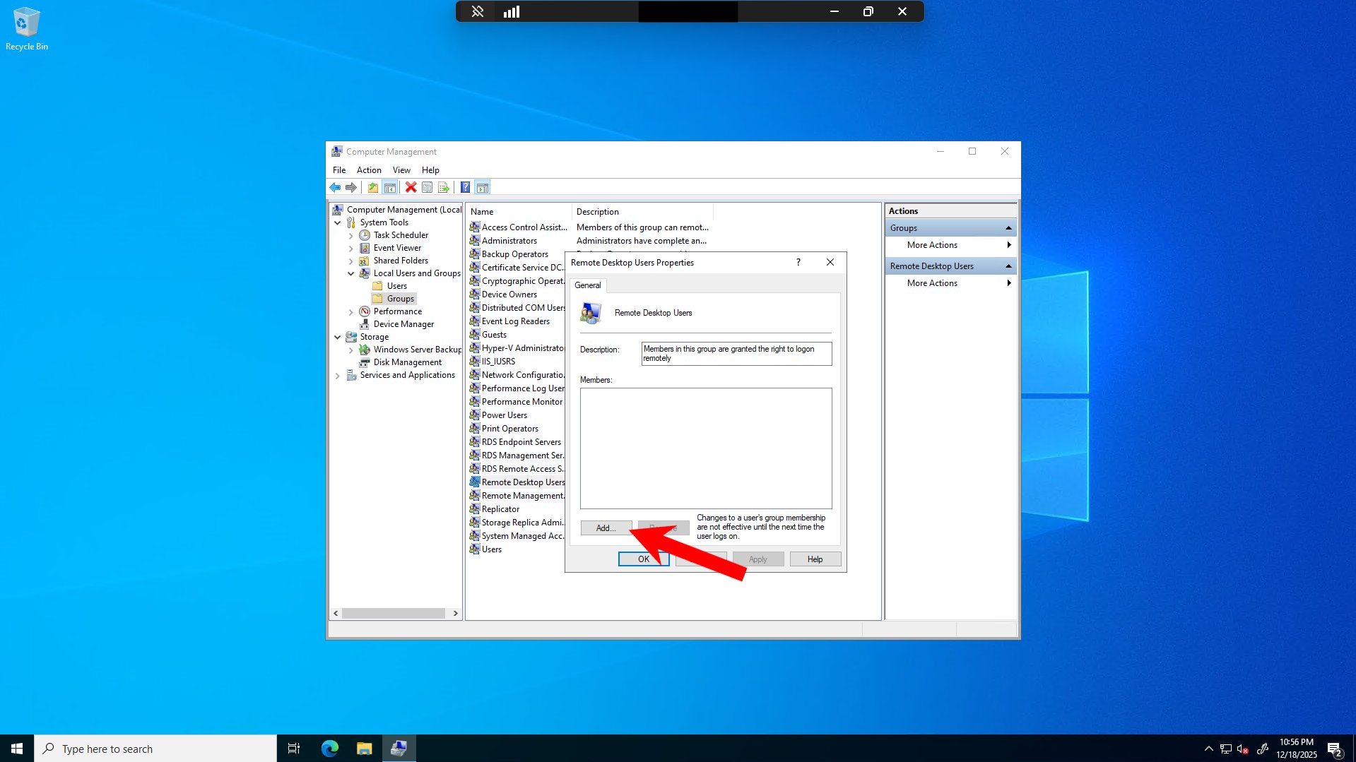 Remote Desktop Users Properties Dialog