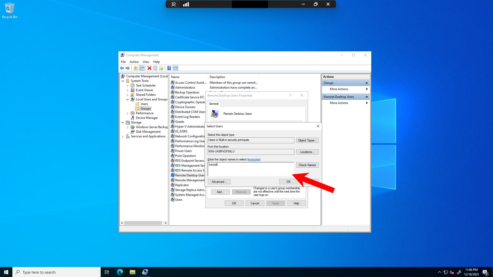 Enter User Name in Select Users Dialog