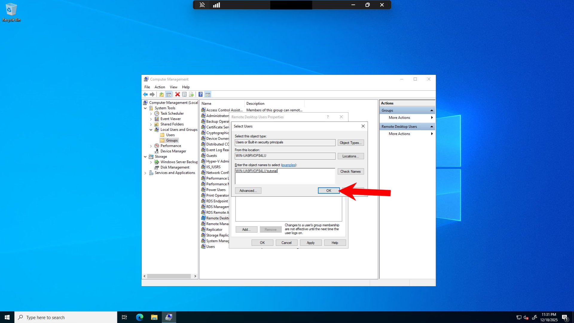 User Added to Remote Desktop Users Group