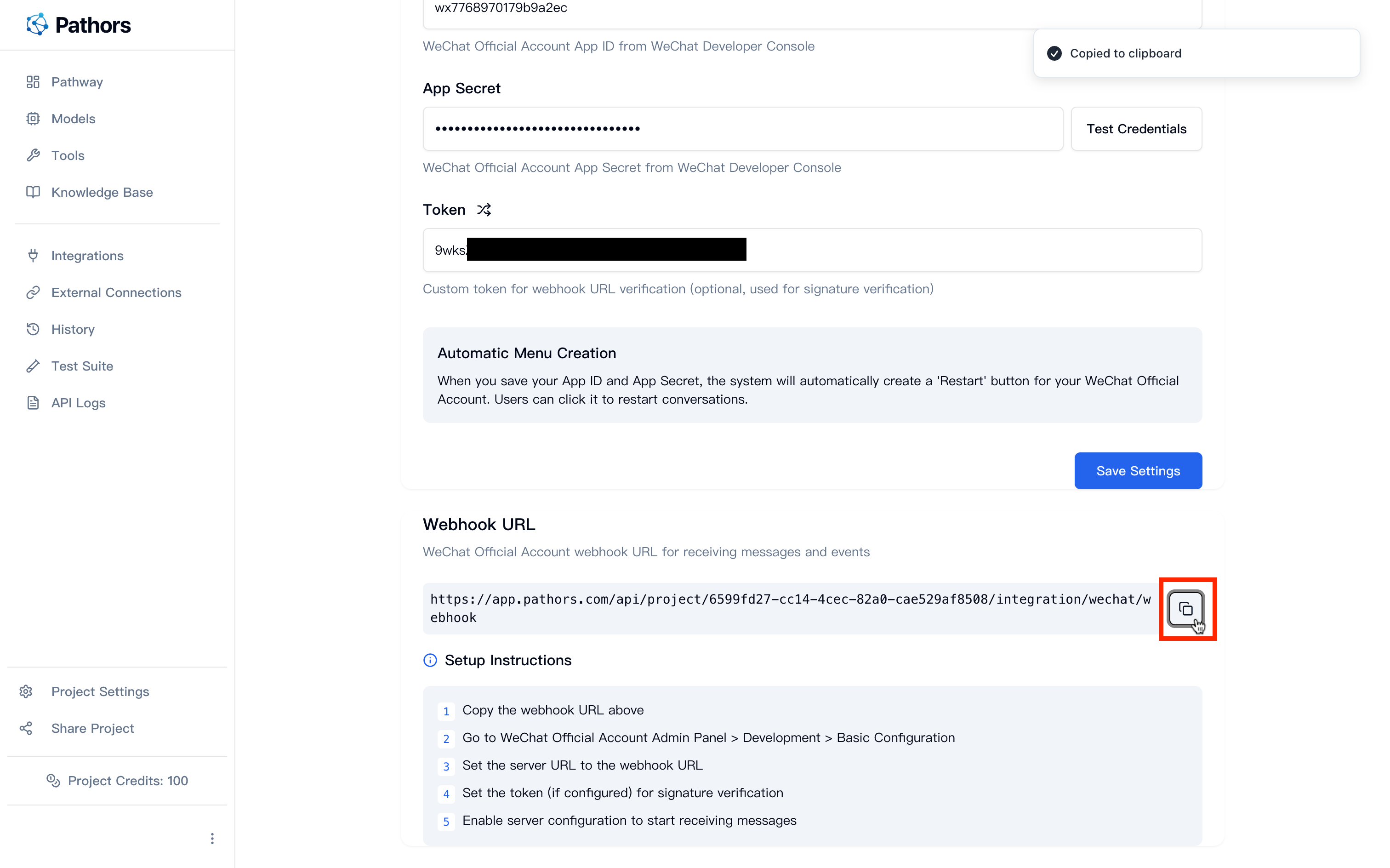 Copy Webhook URL from Pathors