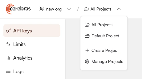 Screenshot of cloud console navigation bar showing the org dropdown and the project dropdown