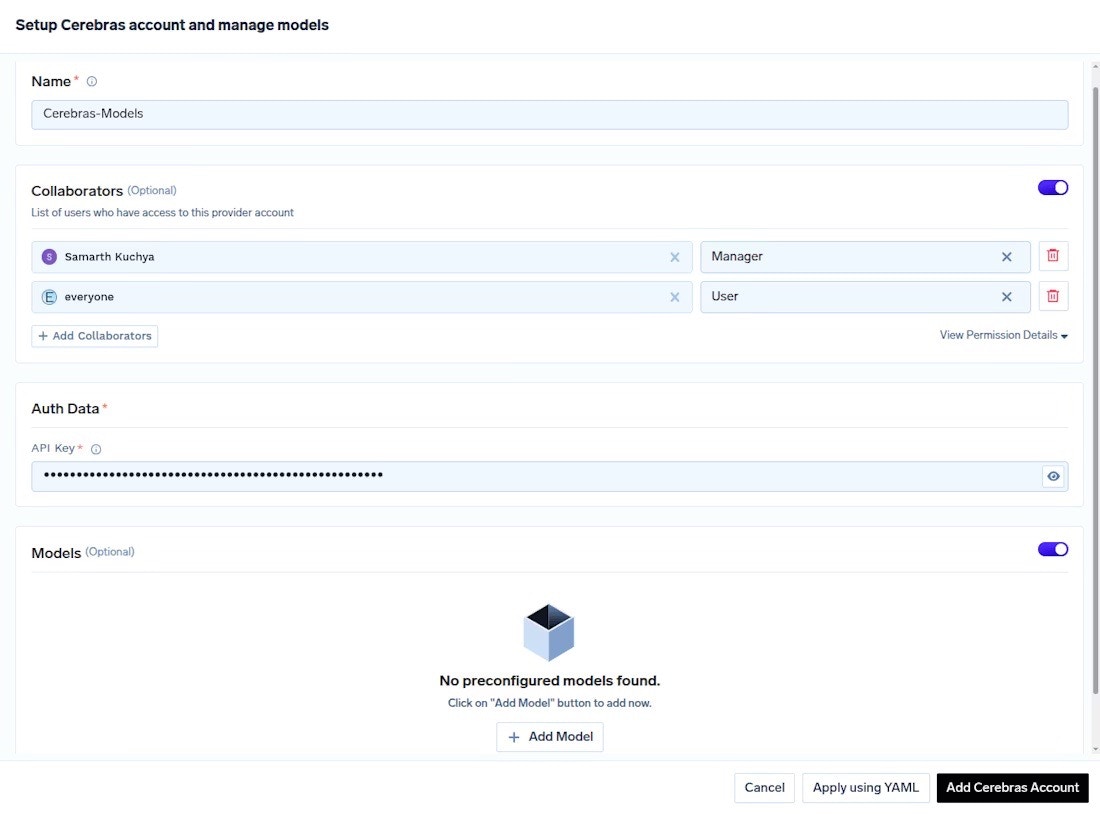 Add Cerebras Account in TrueFoundry