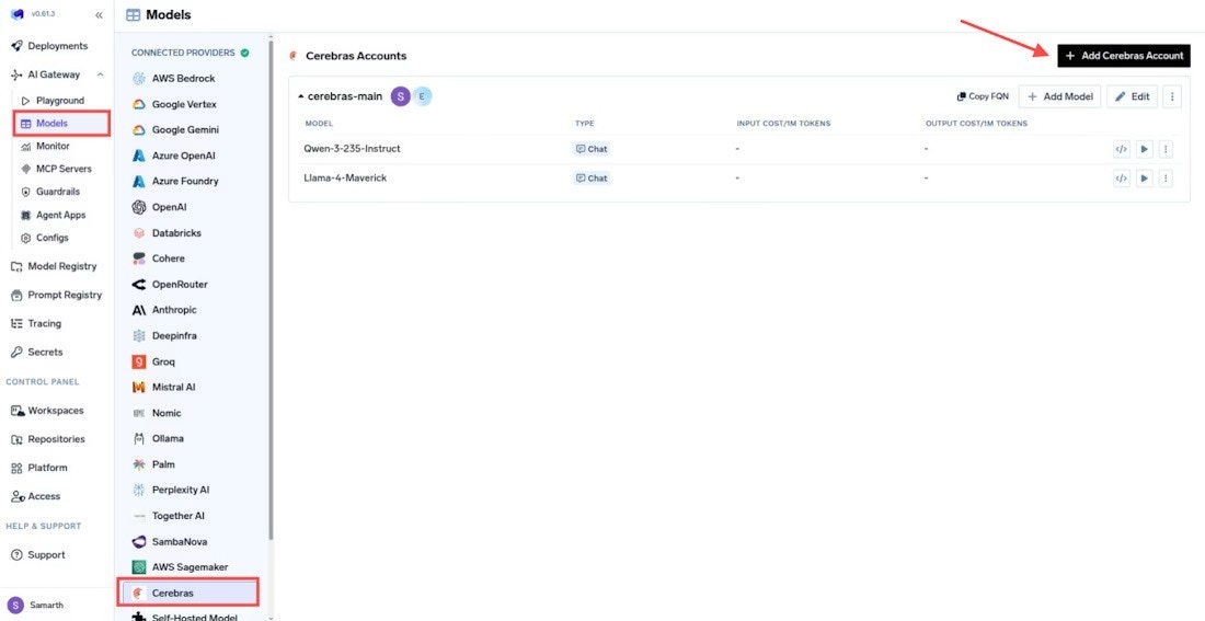 Navigate to Cerebras in TrueFoundry AI Gateway