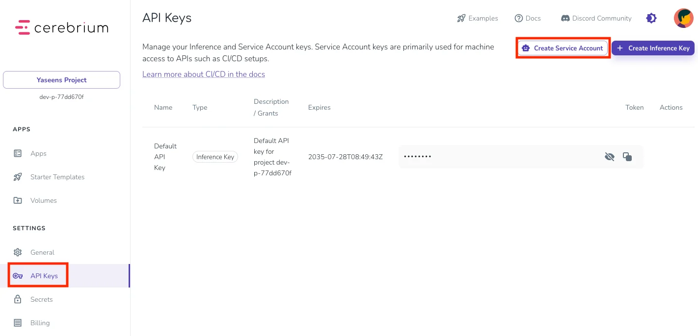 Cerebrium API Keys dashboard