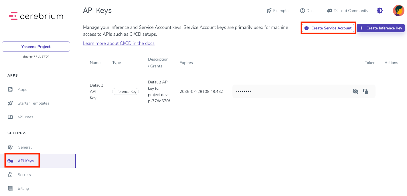 Cerebrium API Keys dashboard