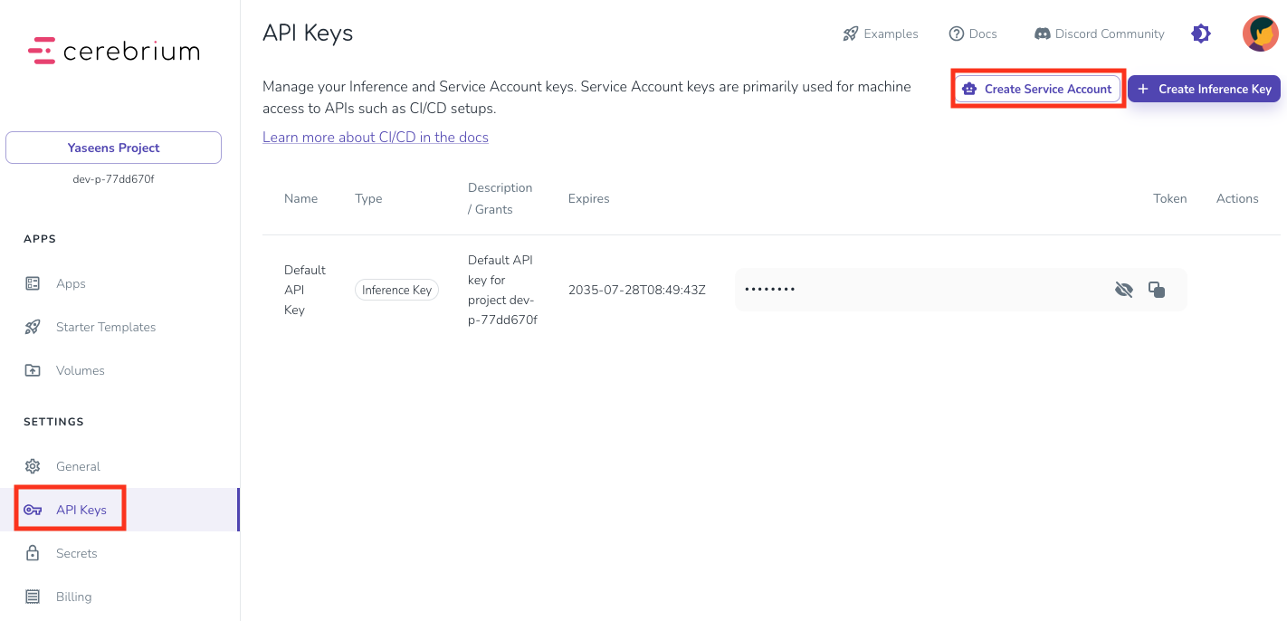 Cerebrium API Keys dashboard