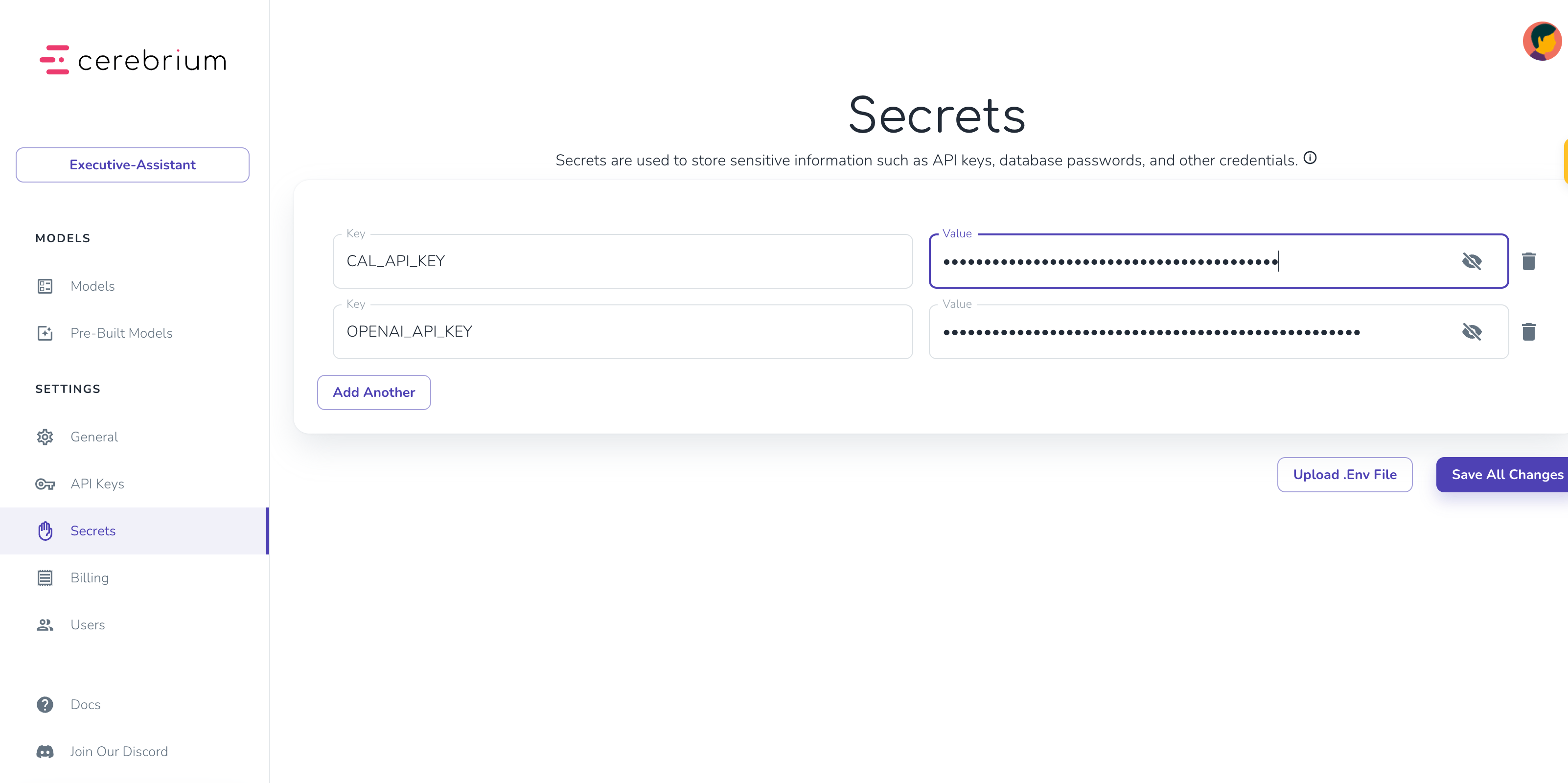 Cerebrium Secrets Dashboard