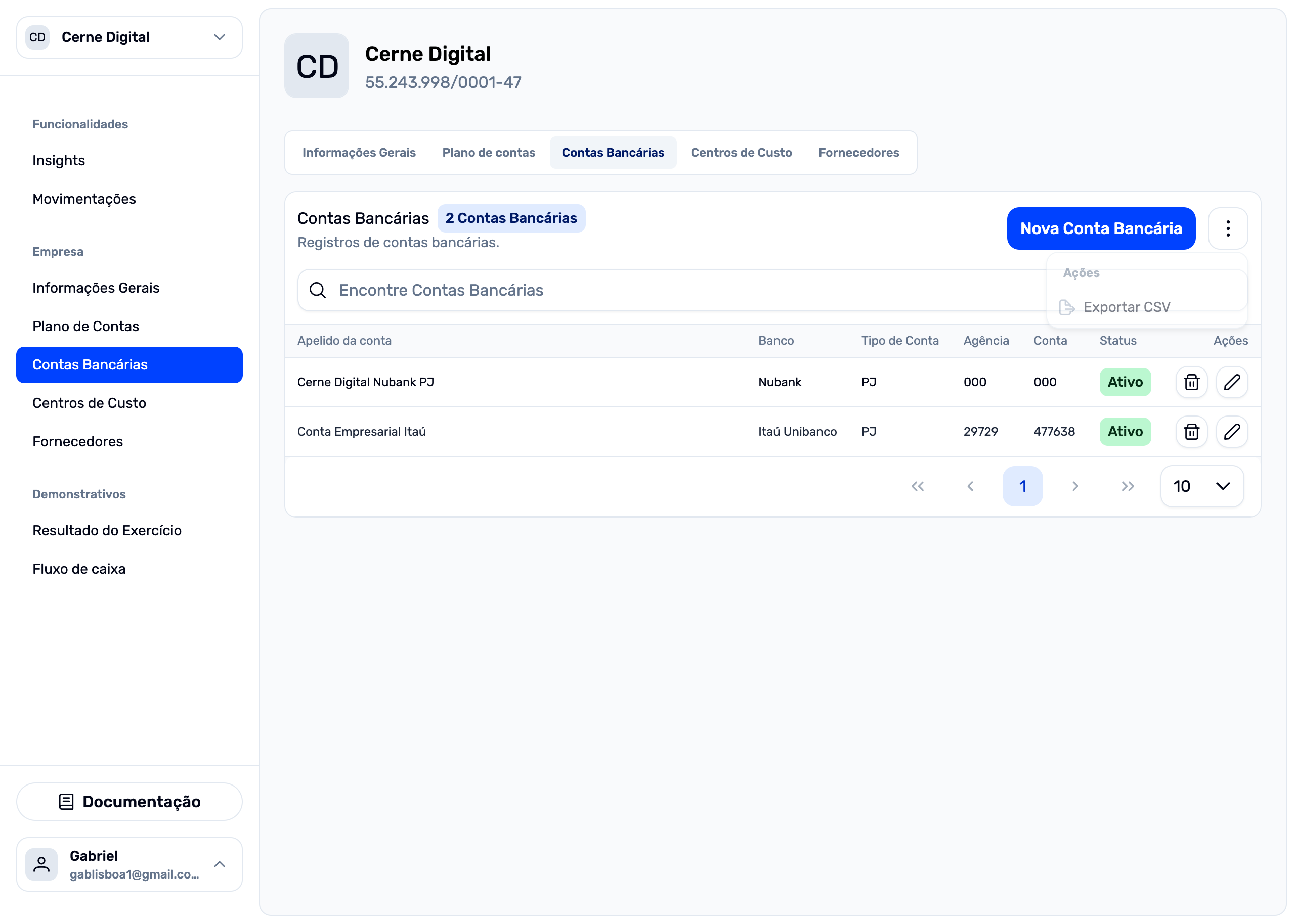 Exportação de contas bancárias